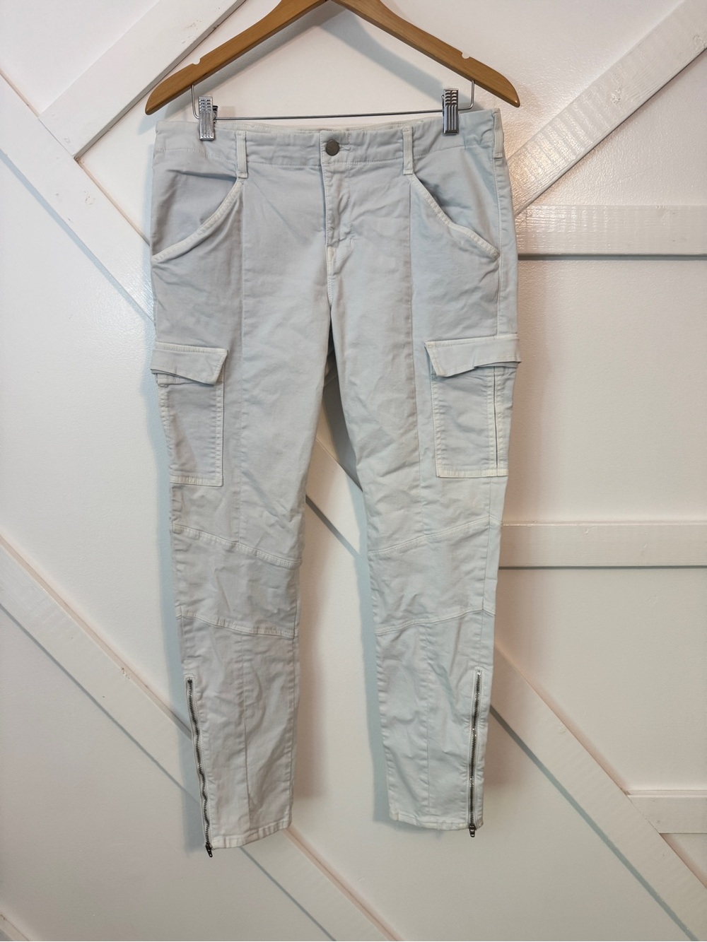 J Brand Houlihan Zip Ankle Skinny Mid Rise Cargo Ankle Pants White Blue Sz 32
